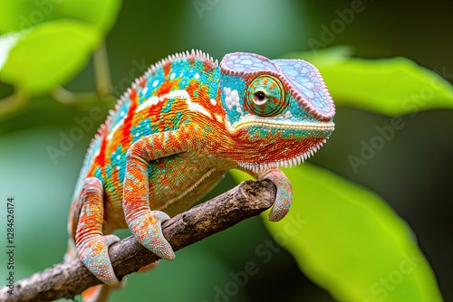 A panther chameleon, Furcifer pardalis Ambilobe, sitting on a tree
