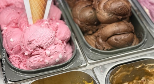 An inviting and delightful selection of colorful and various ice cream flavors is beautifully served in a display case. Close-up