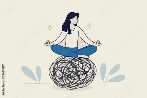 Stress management, meditation or relaxation to reduce anxiety, control emotion during problem solving or frustration work concept, woman in lotus meditation on chaos mess line with positive energy.