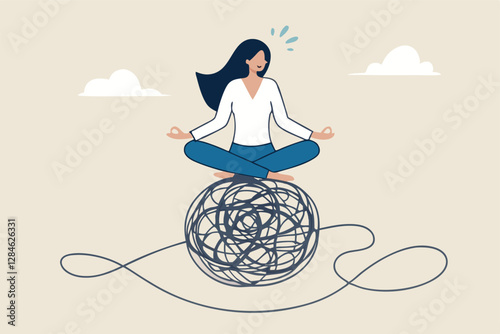 Stress management, meditation or relaxation to reduce anxiety, control emotion during problem solving or frustration work concept, woman in lotus meditation on chaos mess line with positive energy.