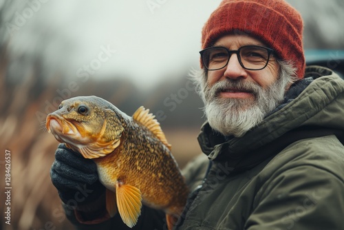 Elderly man proudly holds a freshly caught fish during a chilly day by the water in early morning light