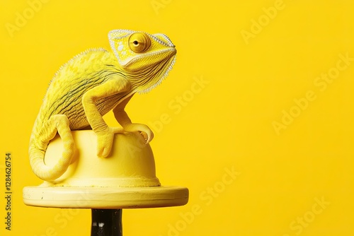 A bright yellow chameleon sitting on a yellow background. Generated by