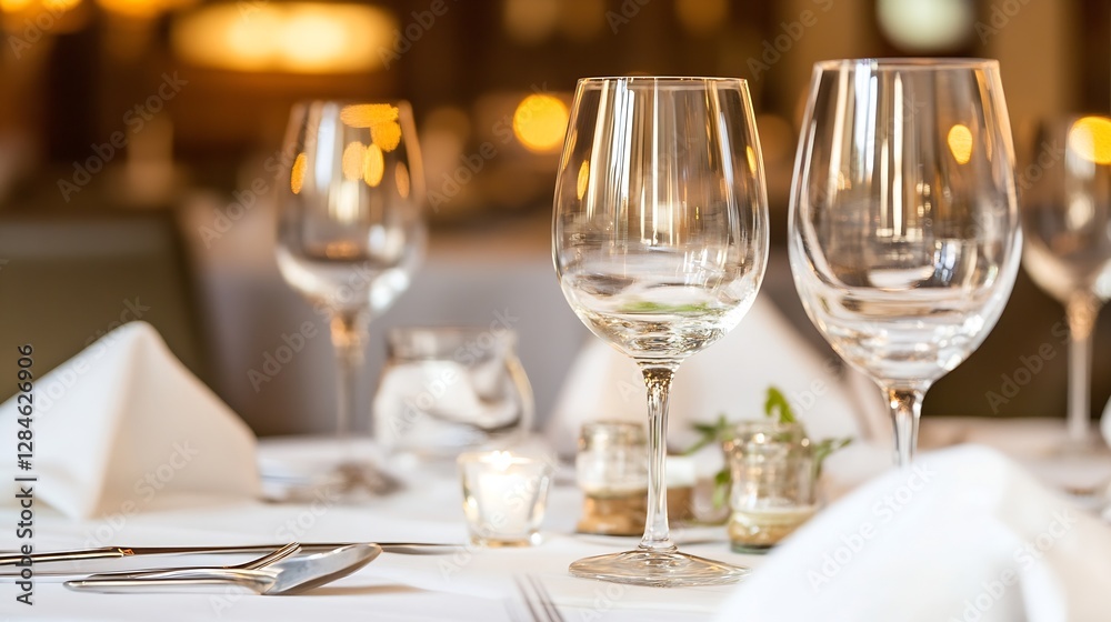 Elegant dining setup featuring wine glasses and table setting in a sophisticated restaurant atmosphere : Generative AI Elegant dining setup featuring wine glasses and table setting in a sophisticated restaurant atmosphere : Generative AI