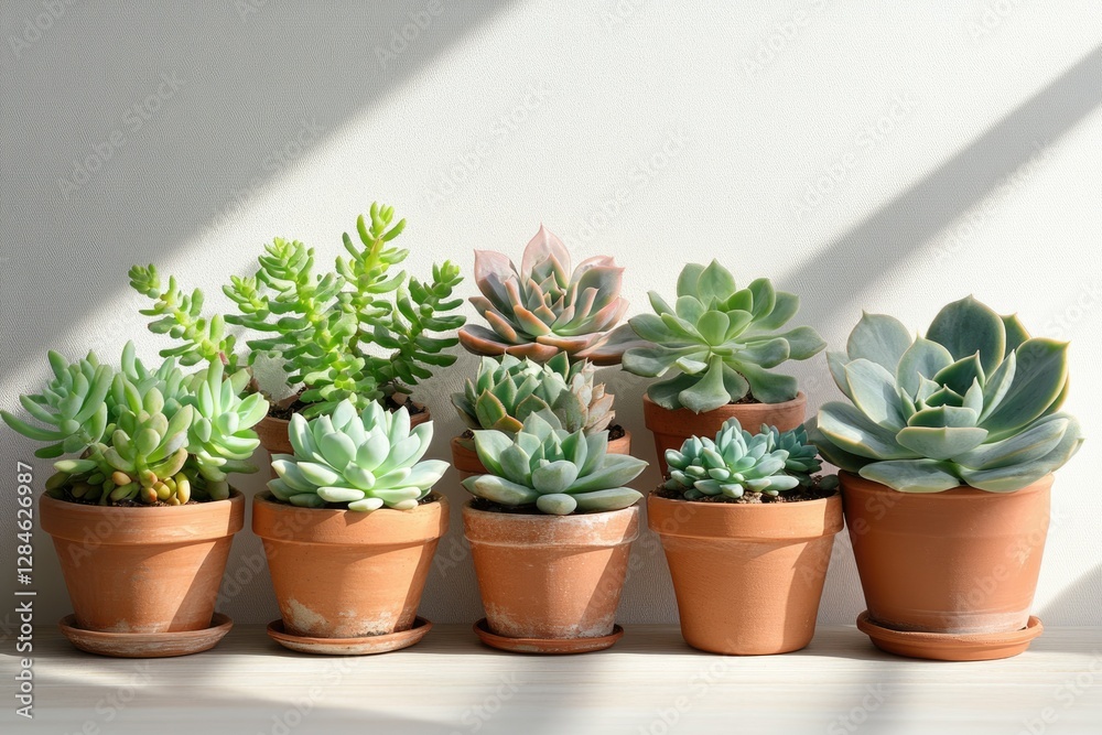A collection of succulents in terracotta pots basking in sunlight. A collection of succulents in terracotta pots basking in sunlight.