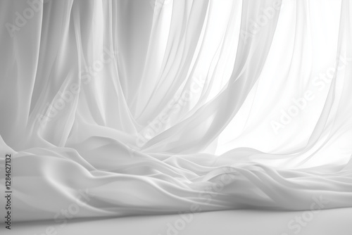 Cortinas transparentes blancas colgadas frente a una ventana grande, sobre un fondo blanco