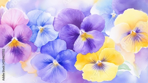 Vibrant watercolor illustration of pansies in purple, yellow, and blue hues capturing delicate beauty and playful charm