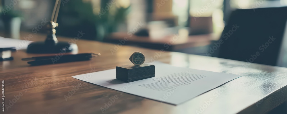 Notary seal on document in office setting