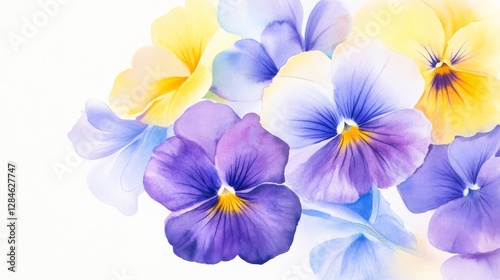 Vibrant watercolor illustration of delicate pansies in joyful purple, yellow, and blue hues celebrating nature's beauty