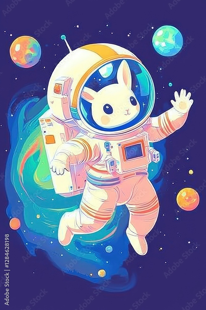 Adorable Rabbit Astronaut in Space - Cute Cosmic Adventure Illustration Adorable Rabbit Astronaut in Space - Cute Cosmic Adventure Illustration