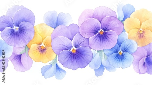 Vibrant pansies in purple, yellow, and blue hues celebrate nature’s colorful beauty through delicate watercolor artistry