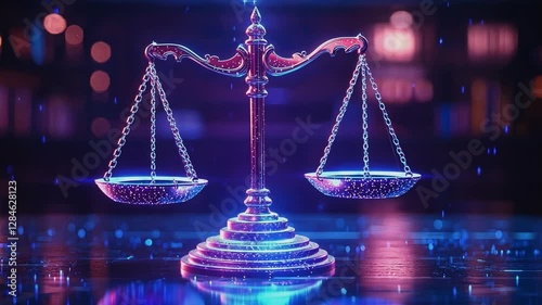 Law and Technology: An artistic digital image of a balance scale, symbolizing justice, set against a futuristic and abstract background. The scales are adorned with shimmering, and glowing effects.