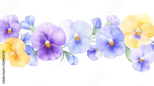 Delicate watercolor illustration of pansies showcasing vibrant purple, yellow, and blue hues with a playful floral design