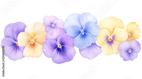 Vibrant watercolor pansies in purple, yellow, and blue hues create a playful and delicate floral design for any artistic display