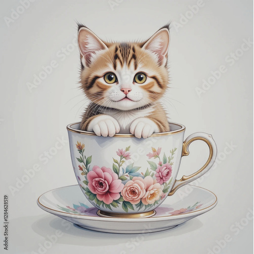 cute love cat with cup of tea