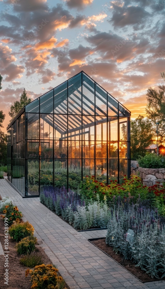 Eco-Friendly Modern Glass Greenhouse at Sunset Surrounded by Lush Gardens and Pathways Eco-Friendly Modern Glass Greenhouse at Sunset Surrounded by Lush Gardens and Pathways