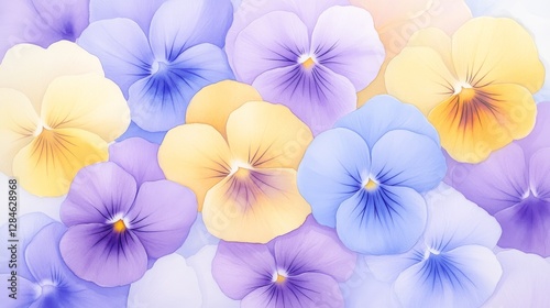 Vibrant pansies in watercolor showcasing delicate hues of purple, yellow, and blue for a playful floral display