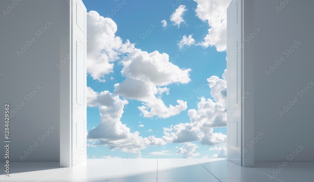 Naklejka premium An abstract white geometric background displays an open doorway that reveals a bright sky filled with fluffy clouds, creating a serene atmosphere