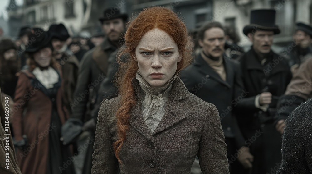 Determined woman stands out in a tense historical crowd during a dramatic event in a 19th-century setting Determined woman stands out in a tense historical crowd during a dramatic event in a 19th-century setting