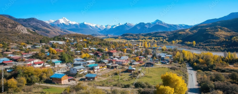 Obraz premium Aerial view of scenic mountain village in autumn with snow-capped peaks and vibrant foliage
