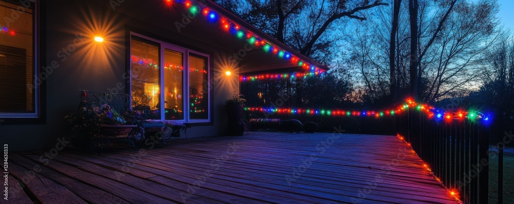 Obraz premium Festive outdoor deck with colorful christmas lights at dusk