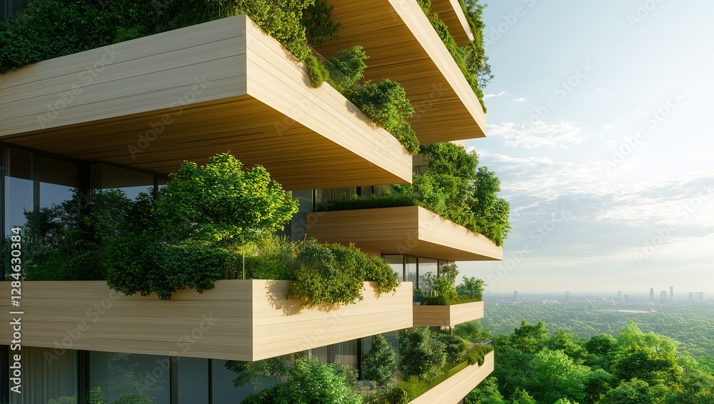 Fototapeta premium Modern apartment buildings with green sustainable features, featuring wooden accents and large balconies for outdoor living spaces