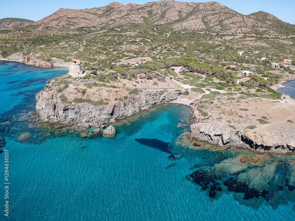 Obraz premium Drone view of Torre Cannai (Sant'Antioco, South Sardinia, Italy).