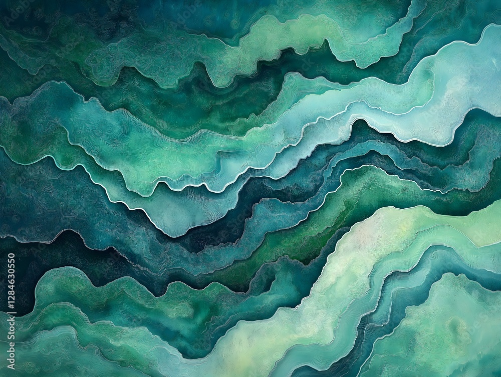 Fluidity in Emerald Tones: An artistic display of layered textures and serene emerald color gradients, evoking the natural, flowing forms of landscapes and creating a calming ambiance. Fluidity in Emerald Tones: An artistic display of layered textures and serene emerald color gradients, evoking the natural, flowing forms of landscapes and creating a calming ambiance.