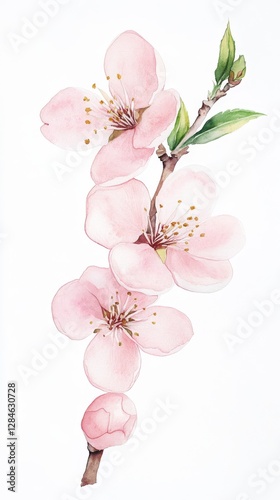 Delicate peach blossoms bloom softly in a watercolor illustration, capturing the freshness of spring in vibrant pink hues