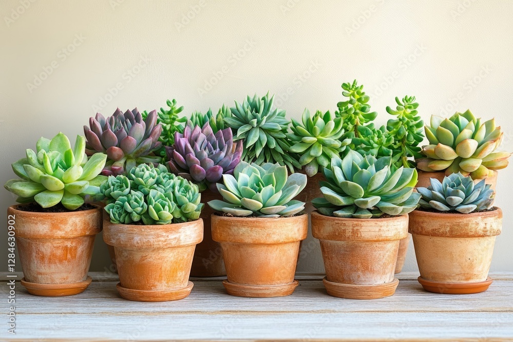 Obraz premium A collection of various succulent plants in terracotta pots, showcasing their diverse textures and colors.