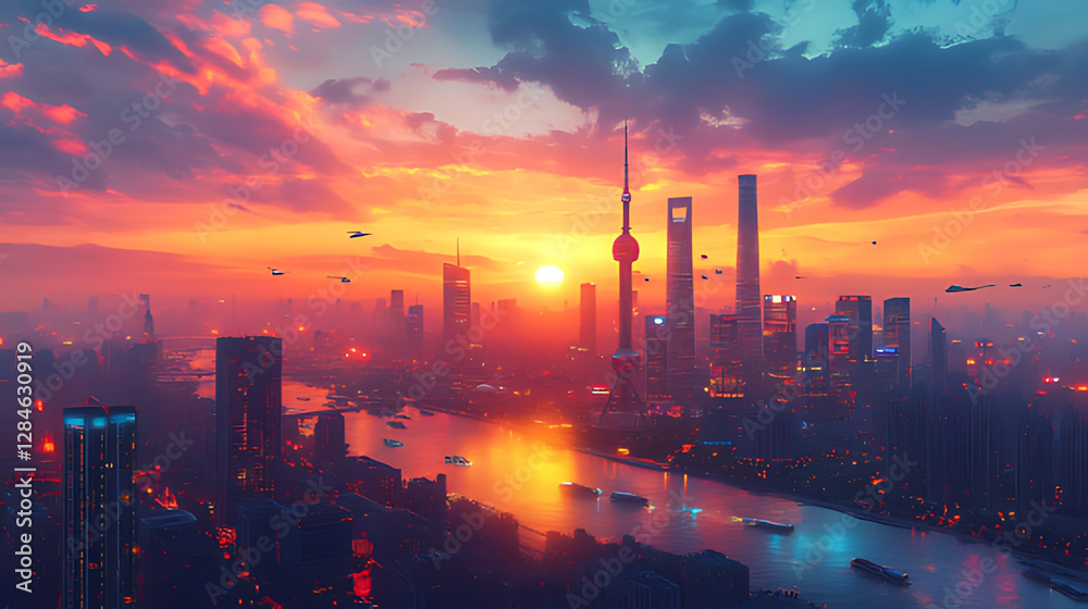 Fototapeta premium Shanghai sunset cityscape, aerial view, flying vehicles, vibrant sky, futuristic design