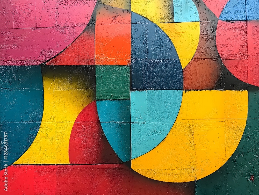 Naklejka premium Abstract Geometric Art: A vibrant and modern abstract art piece composed of colorful geometric shapes and lines, showcasing a striking visual aesthetic and dynamic interplay of form and color.