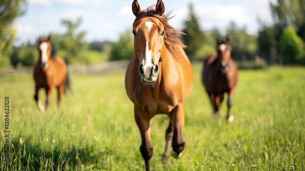 Majestic horses running freely in a lush green field under a bright blue sky : Generative AI Majestic horses running freely in a lush green field under a bright blue sky : Generative AI