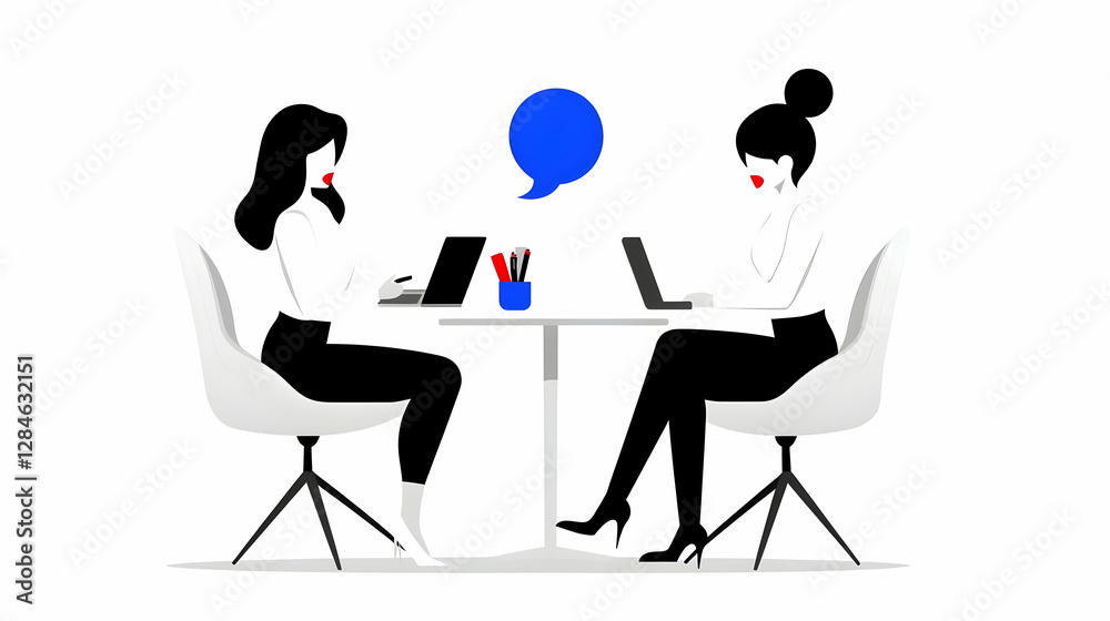 Two Businesswomen Having a Discussion at a Modern Office Desk Two Businesswomen Having a Discussion at a Modern Office Desk