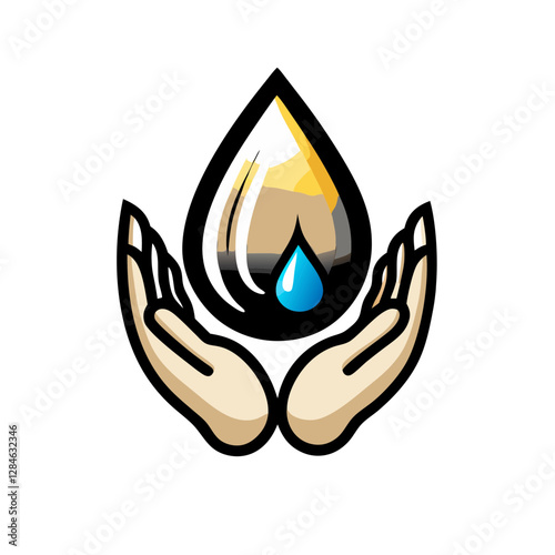 Water drop symbol held by hands in blue and yellow 