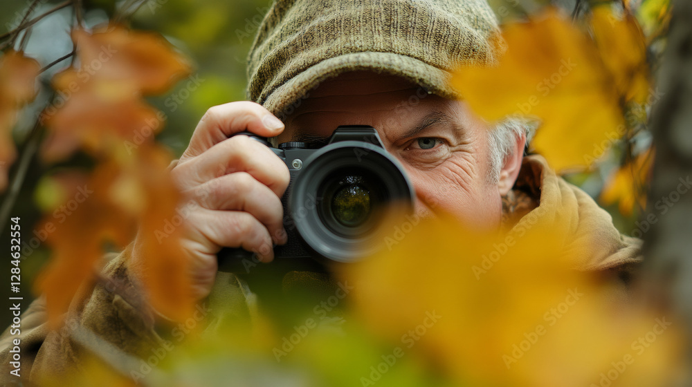 Wildlife photographer partially hidden by colorful leaves taking pictures in autumn forest Wildlife photographer partially hidden by colorful leaves taking pictures in autumn forest