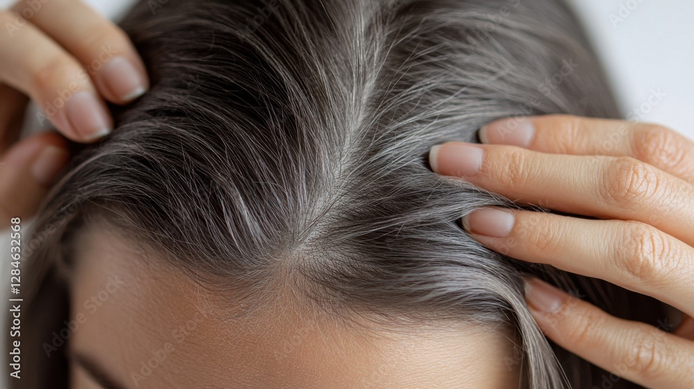 A woman with thinning hair gently massaging her scalp after using a hair thickening serum. Featuring hair health and nourishment A woman with thinning hair gently massaging her scalp after using a hair thickening serum. Featuring hair health and nourishment