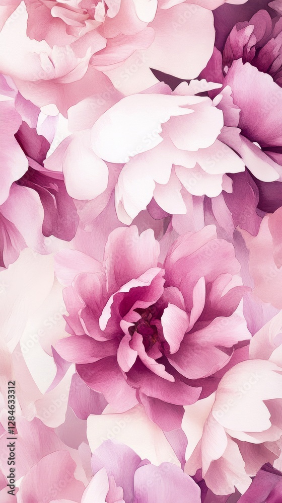 Obraz premium Delicate peonies bloom in shades of blush pink and deep magenta with intricate watercolor elegance captured in gentle brushstrokes