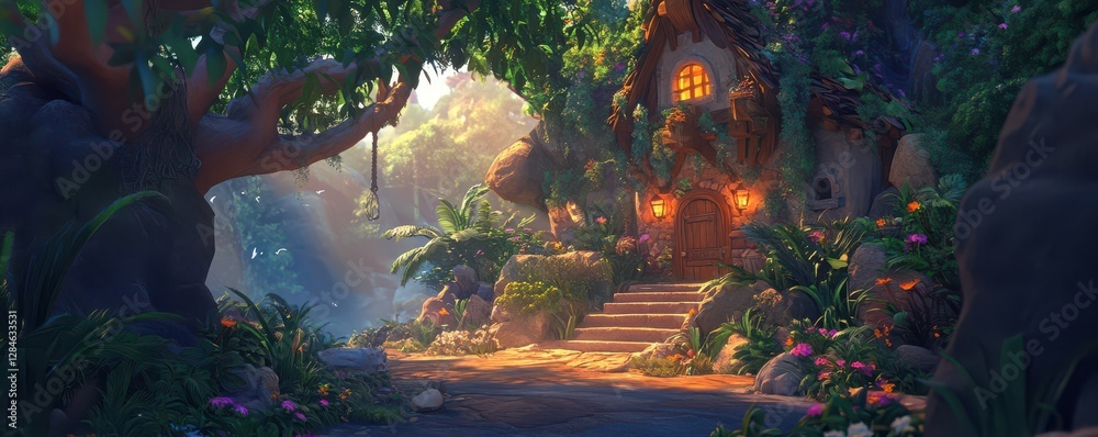 Fototapeta premium Enchanted cottage in lush forest with warm lighting and vibrant foliage