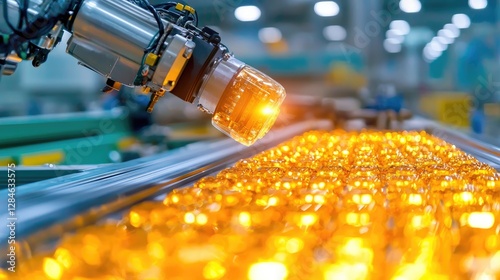 Industrial Robot Inspecting Transparent Objects on Conveyor Belt photo