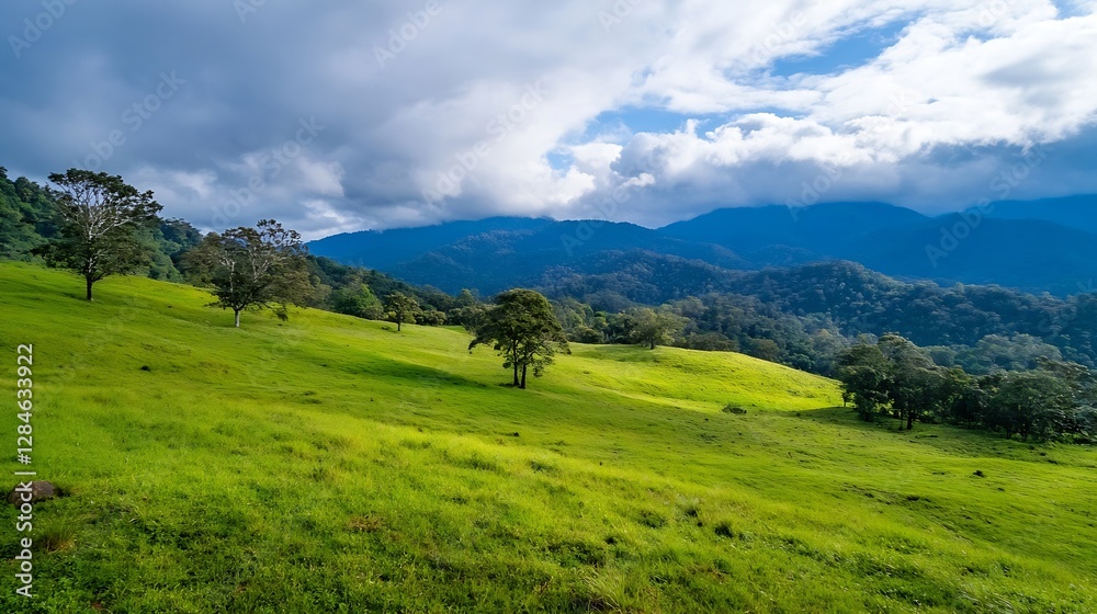 Breathtaking panoramic view of lush green hills under a cloudy sky : Generative AI Breathtaking panoramic view of lush green hills under a cloudy sky : Generative AI
