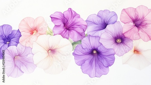 Delicate watercolor illustration captures the beauty of petunias in gentle shades of purple, pink, and white for an elegant floral display