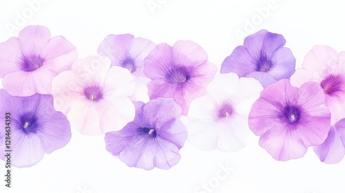 Beautiful watercolor study of delicate petunias in soft shades of purple, pink, and white showcasing nature's serene elegance