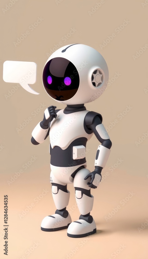 Cute 3D robot with a speech bubble against a purple background. Whimsical, friendly illustration perfect for technology, communication, or children's themes. Cute 3D robot with a speech bubble against a purple background. Whimsical, friendly illustration perfect for technology, communication, or children's themes.