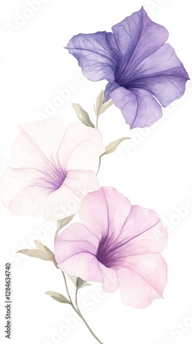 Delicate watercolor illustration of petunias in vibrant shades of purple, pink, and white blooms celebrating nature's beauty