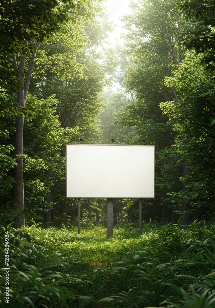 A large blank billboard surrounded by a dense forest, standing out among lush green trees. A large blank billboard surrounded by a dense forest, standing out among lush green trees.