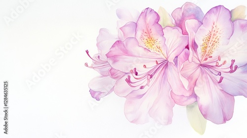 Fototapeta Naklejka Na Ścianę i Meble -  Delicate watercolor rhododendron blossoms in vibrant pink and purple tones showcase nature's intricate beauty and elegance