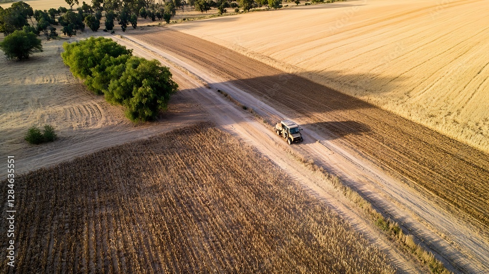 Fototapeta premium Aerial perspective of agricultural fields with a tractor working on the land : Generative AI