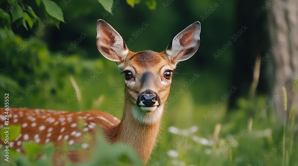 Beautiful closeup of a young deer in lush green foliage with soft focus on a sunny day : Generative AI Beautiful closeup of a young deer in lush green foliage with soft focus on a sunny day : Generative AI