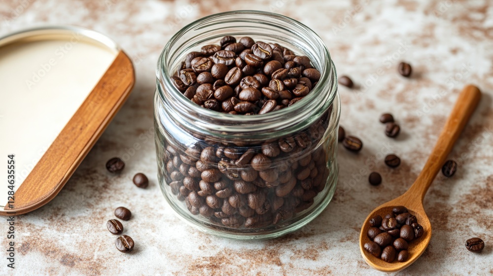 Glass jar filled with Robusta coffee beans on warm cream background Glass jar filled with Robusta coffee beans on warm cream background