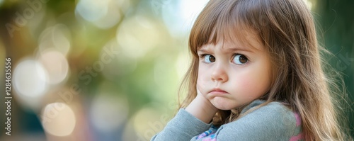 Young girl with pouty expression in outdoor setting with blurred background